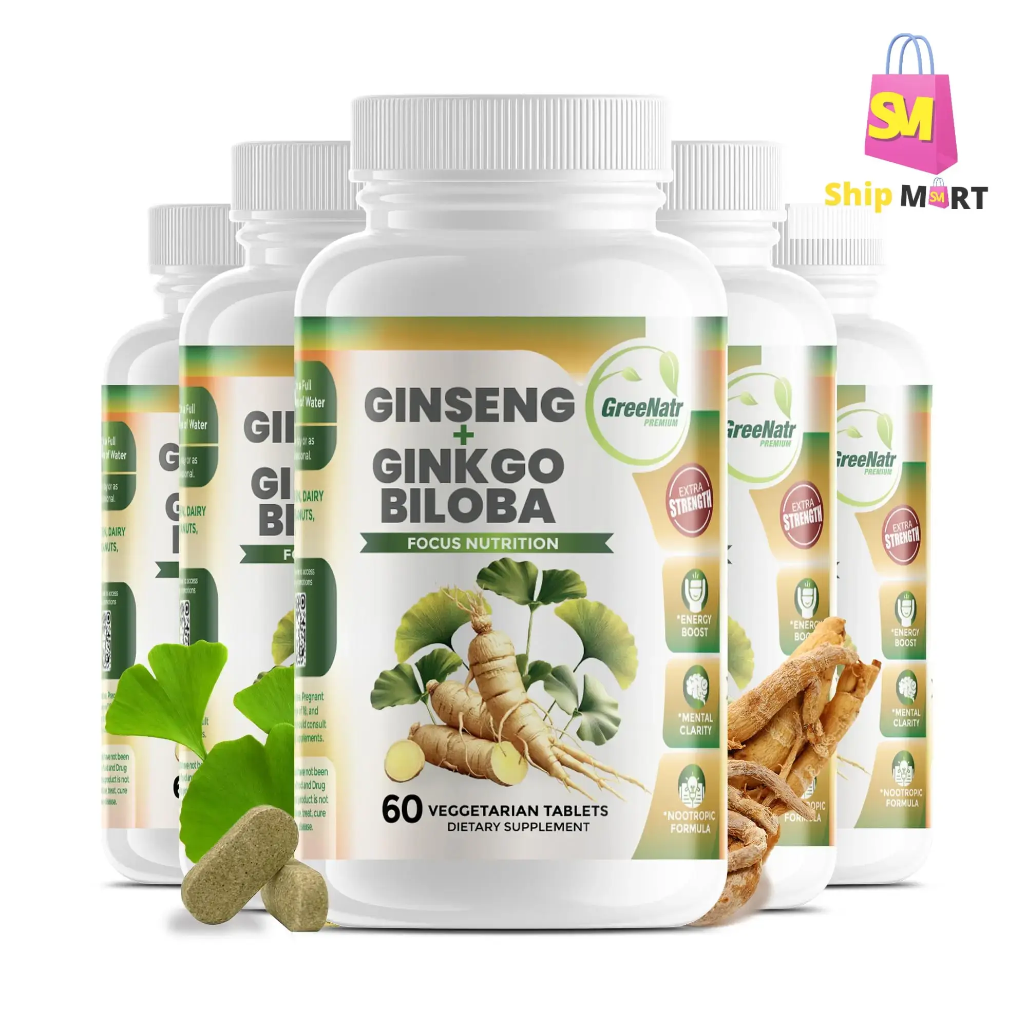 Green Natr Ginseng + Ginkgo Biloba Supplement - Boosts Energy